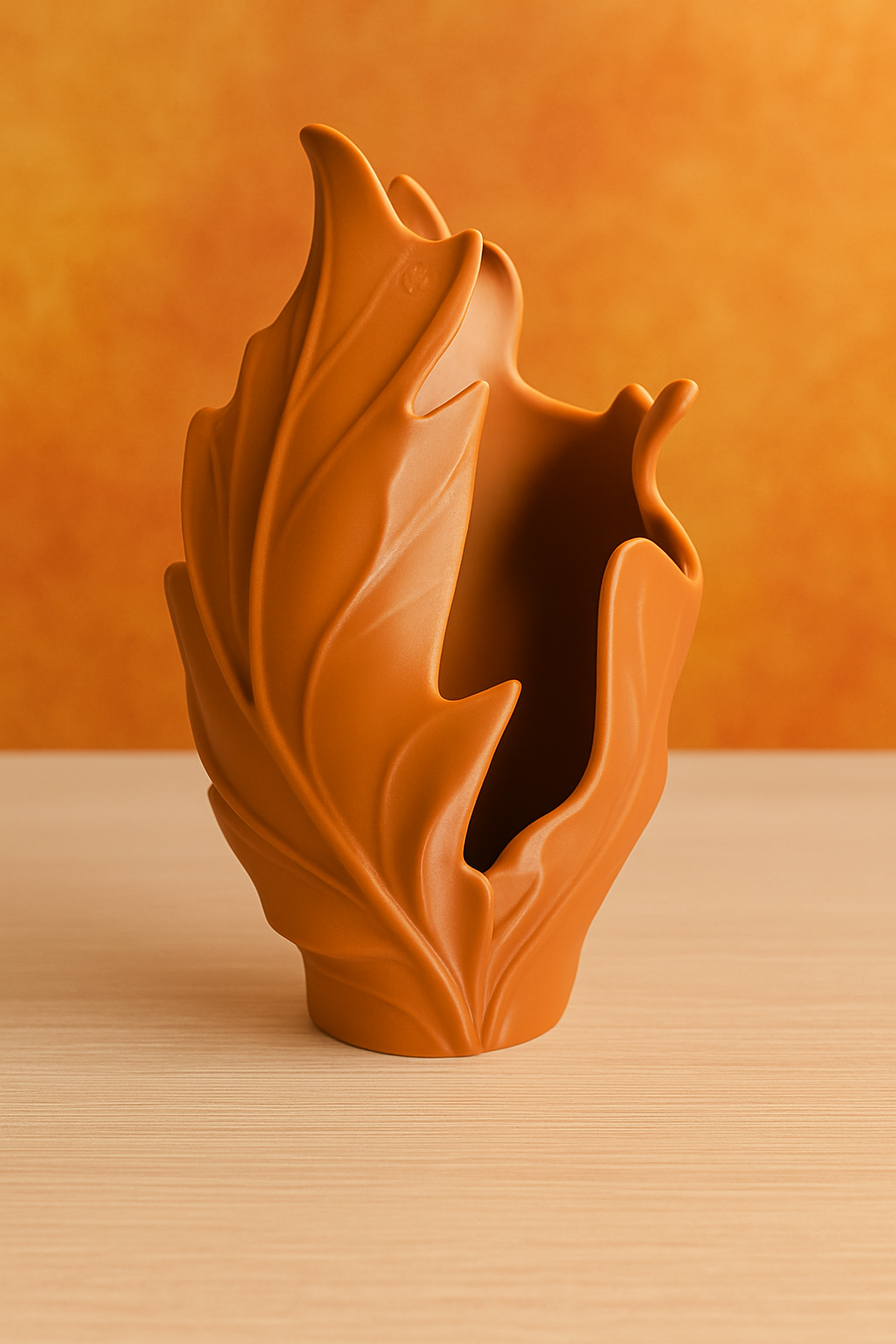 3D-gedruckte Herbstblatt-Vase mit organischen Blattformen, 20 cm hoch, Öffnung 6,5 cm.