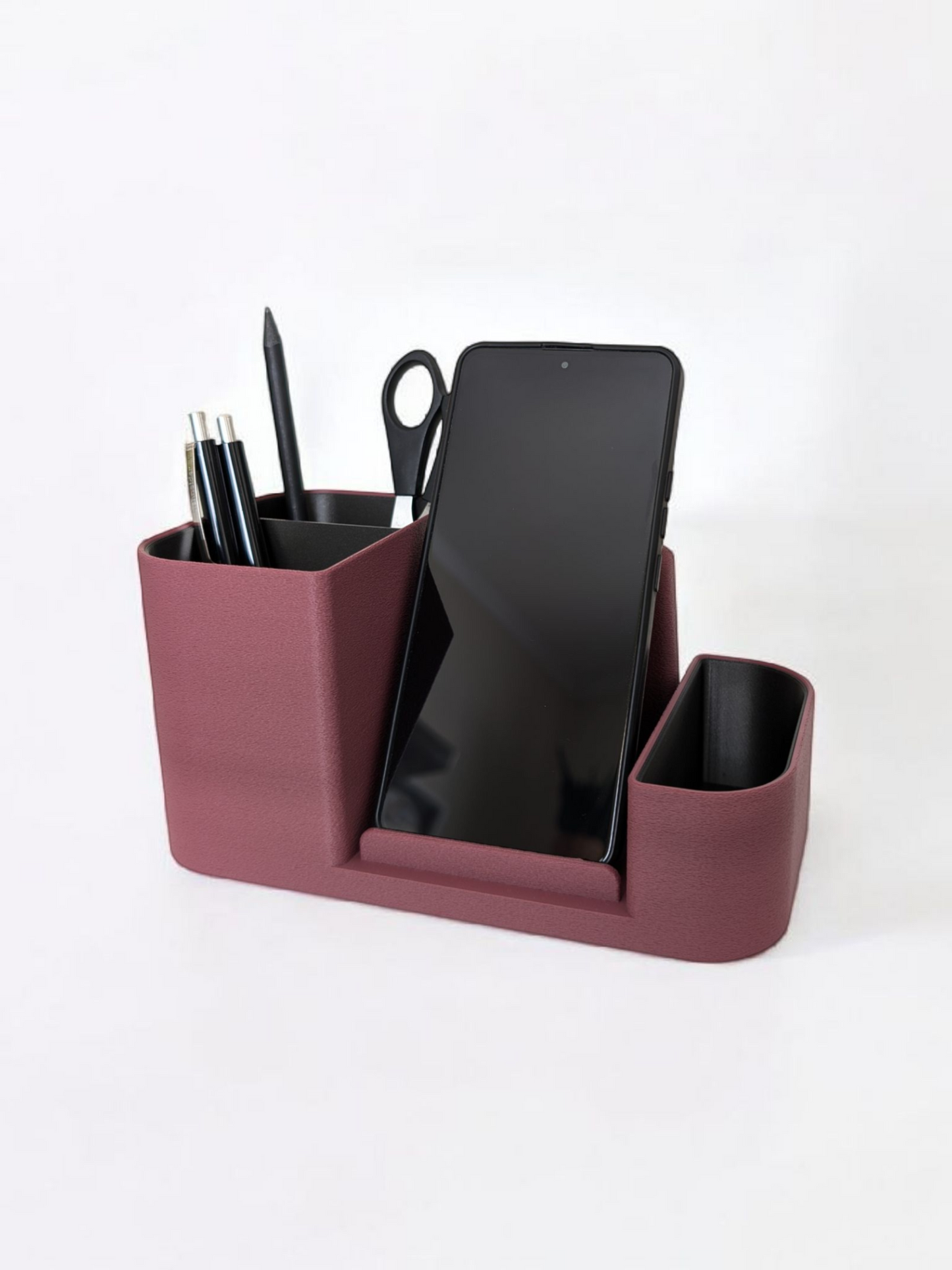 „Zweifarbiger Premium-Schreibtisch-Organizer mit Fuzzy-Finish und integriertem Smartphone-Halter, mehrere Fächer, 200×100×100 mm.“