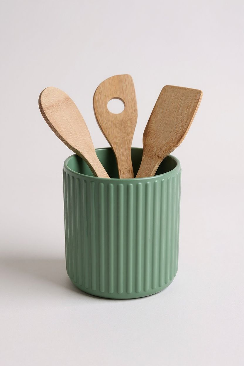 „Hygge Utensilienhalter in Pastellgrün – Zylinder mit Rippenstruktur“