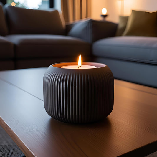Moderner LED-Teelichthalter aus PLA – Rund mit Rillen-Design