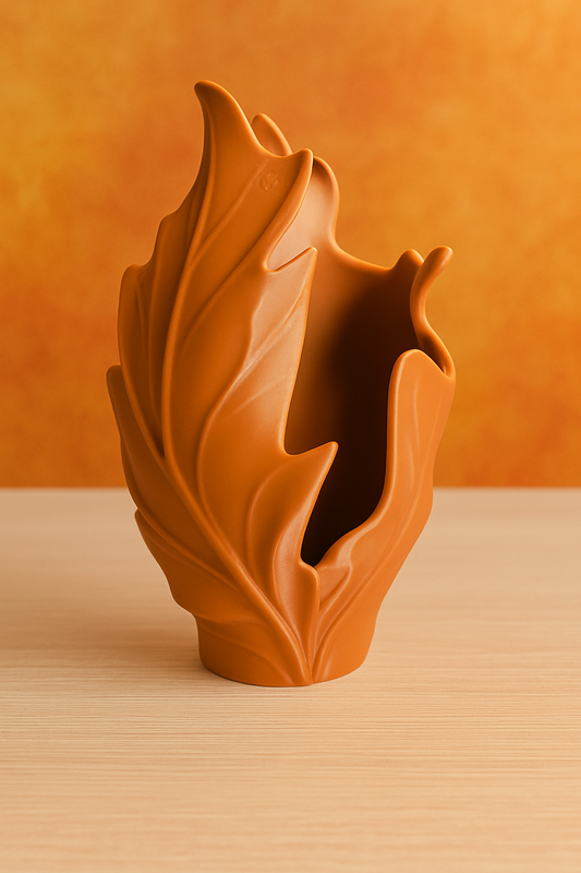 3D-gedruckte Herbstblatt-Vase mit organischen Blattformen, 20 cm hoch, Öffnung 6,5 cm.