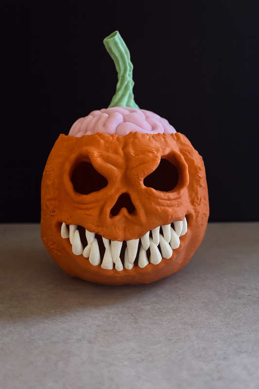„Jack o’ Brains – gruseliger 3D-Druck Kürbis mit Zähnen und Hirn-Deckel“