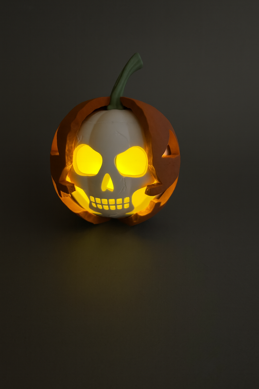 „Jack’s Skull – leuchtender Kürbis mit Schädel, betrieben mit LED-Teelicht.“
